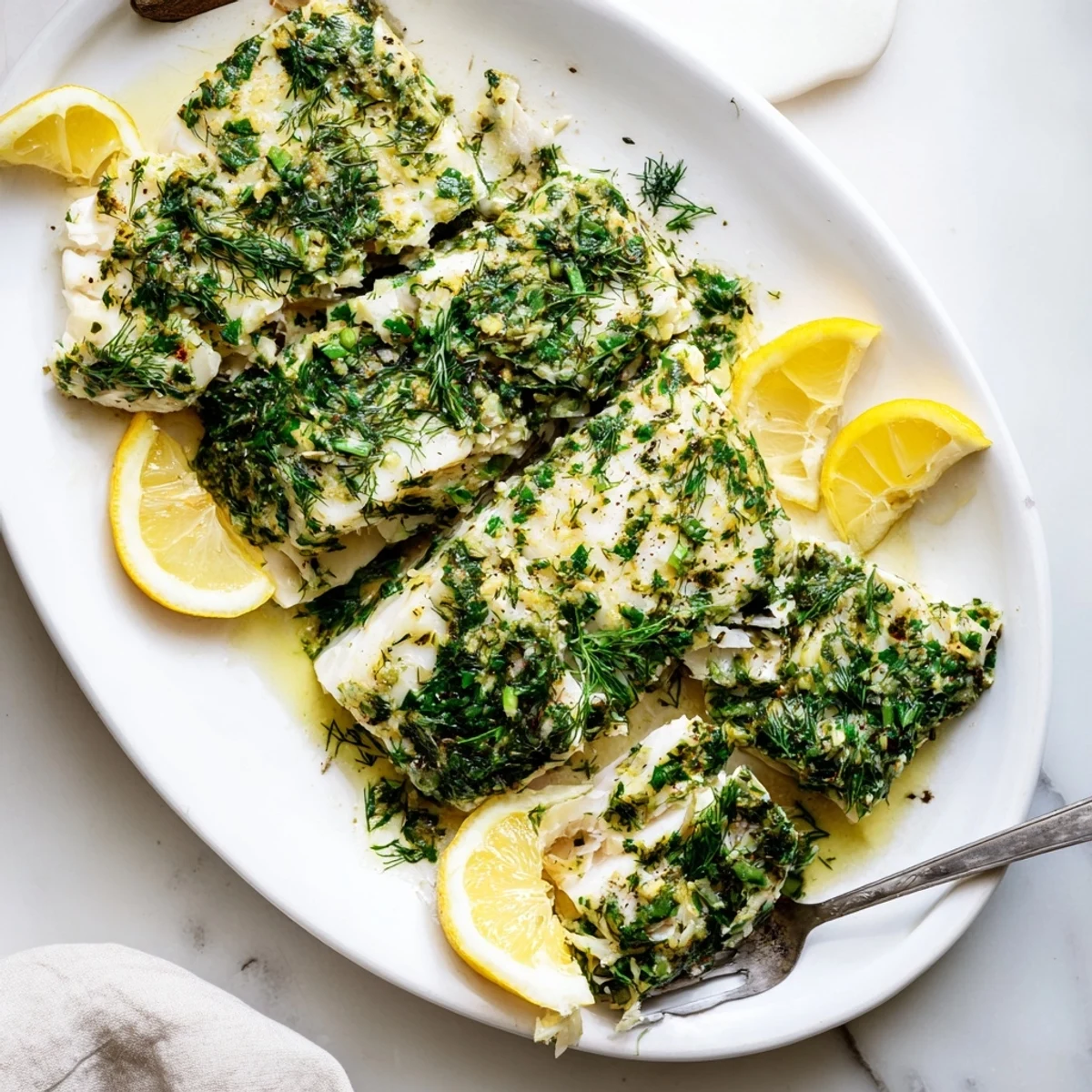 Flaky white halibut with savory garlic herb butter served with lemon wedges