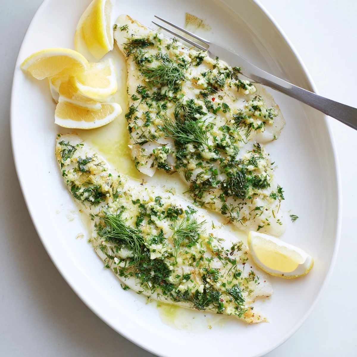 Oven roasted halibut with fragrant dill and chive butter on white plate