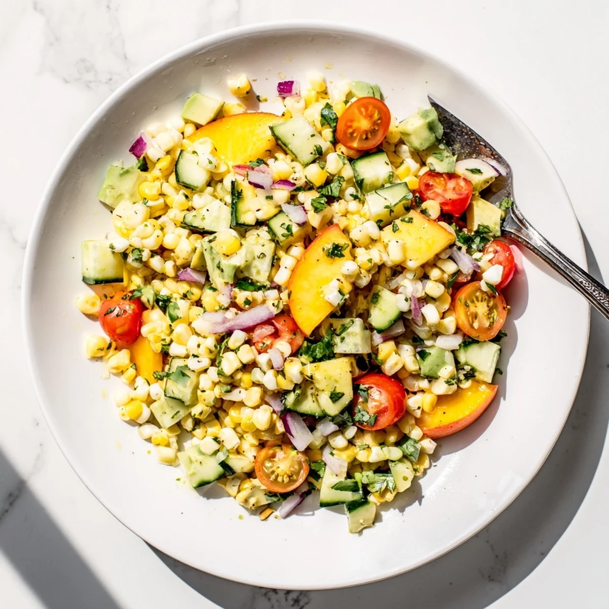 Fresh peach corn salad with honey lime dressing featuring juicy peaches, sweet corn kernels, and vibrant vegetables in a serving bowl