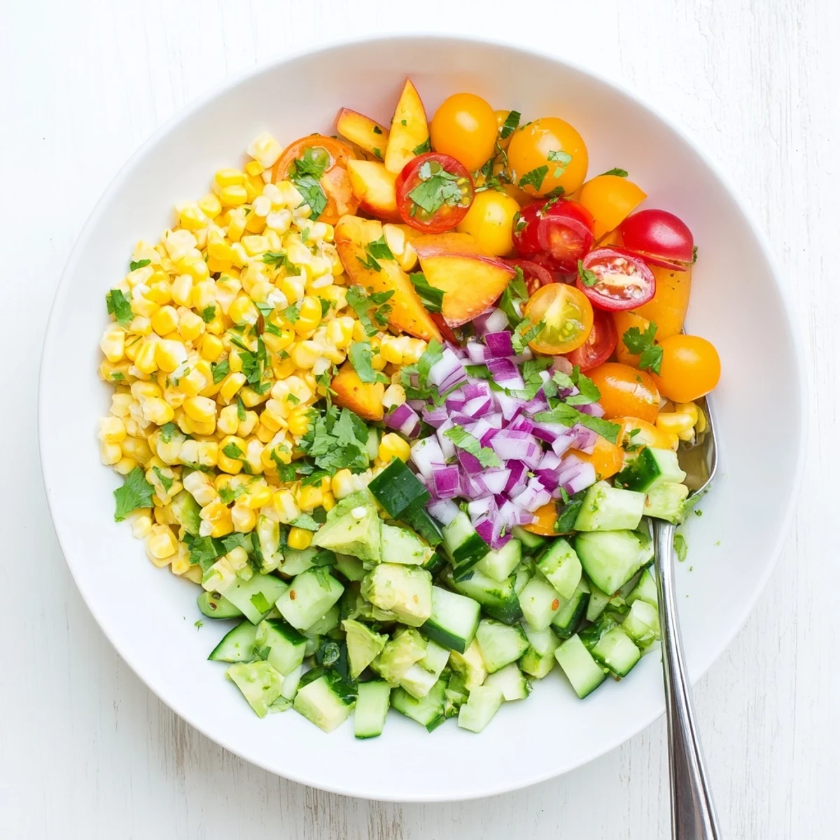 Golden fresh corn and ripe peaches tossed with crisp vegetables and herbs in a refreshing honey lime dressed summer salad