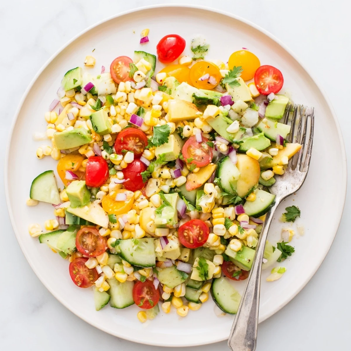 Colorful summer salad bowl with diced peaches, grilled corn, cherry tomatoes, and cucumber drizzled with zesty honey lime dressing