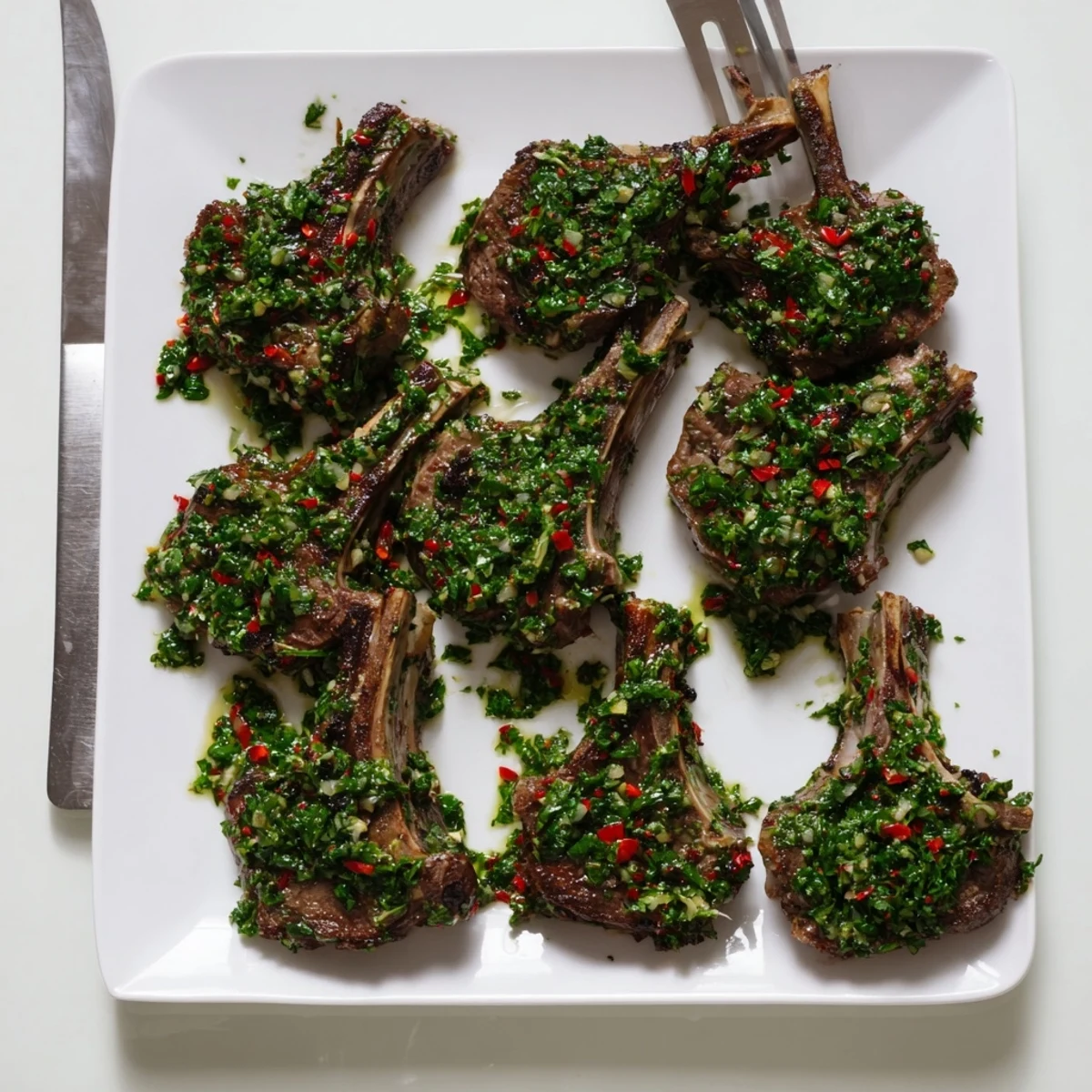 Golden grilled lamb chops drizzled with vibrant green chimichurri sauce on a white serving plate