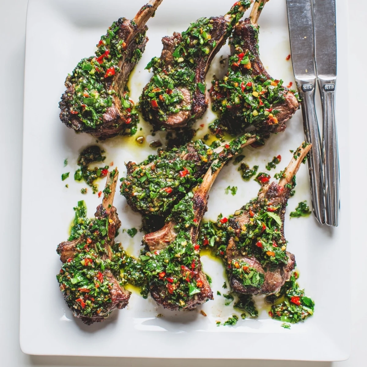 Tender medium-rare lamb chops topped with fresh parsley chimichurri and garnished with herbs