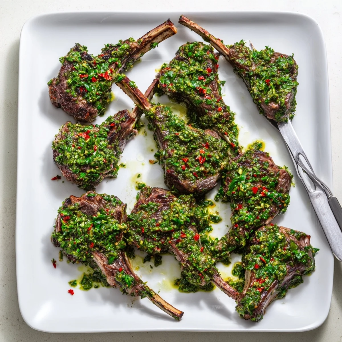 Juicy lamb chops with chimichurri sauce served alongside roasted vegetables for a complete dinner