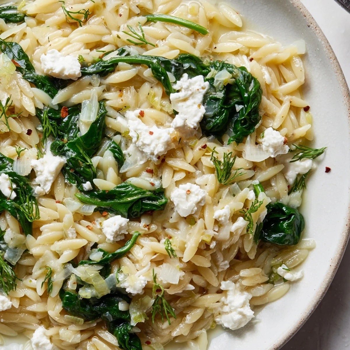 Golden one pan lemon orzo with spinach and feta plated in a white serving bowl