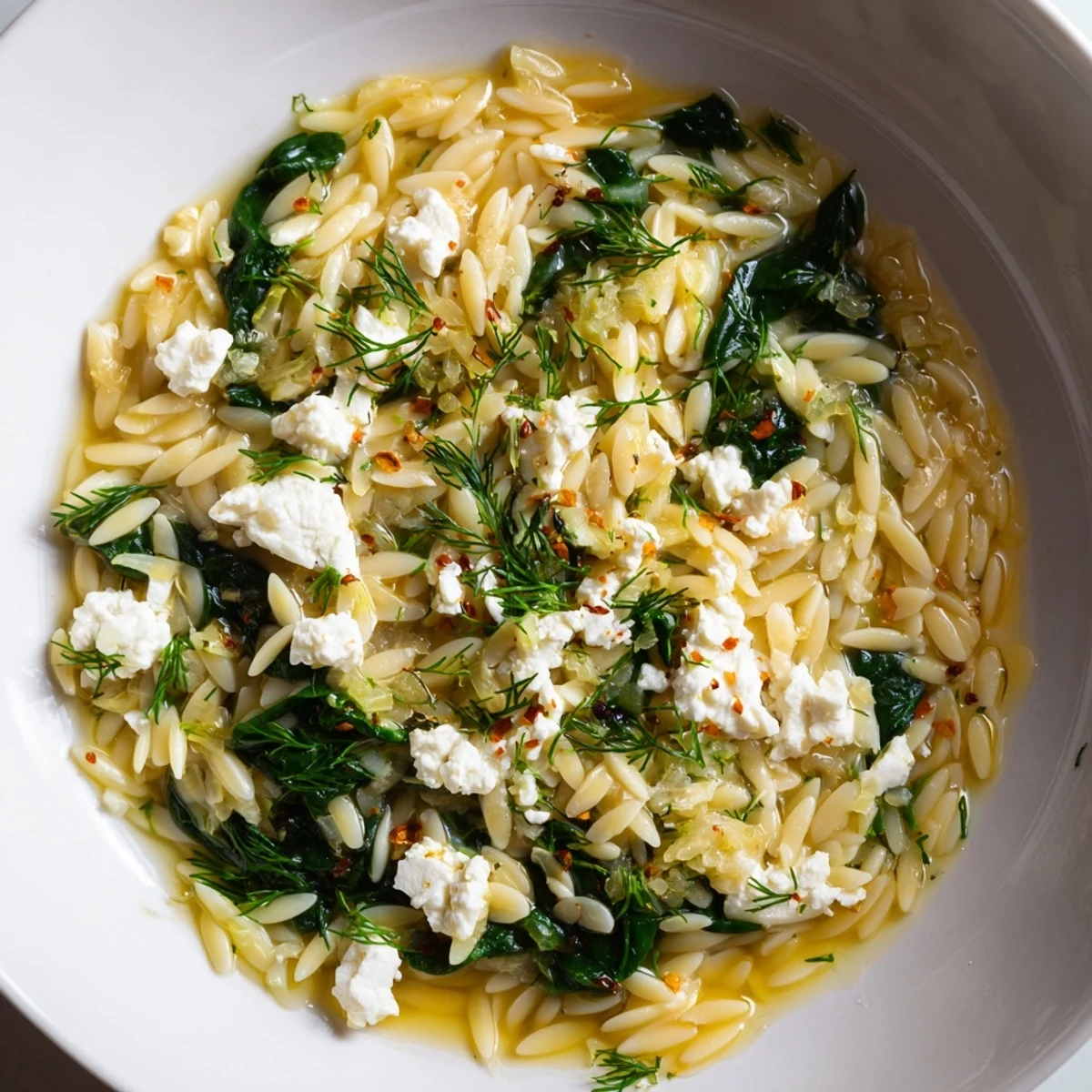 Creamy Mediterranean lemon orzo with wilted spinach and crumbled feta garnished with fresh dill