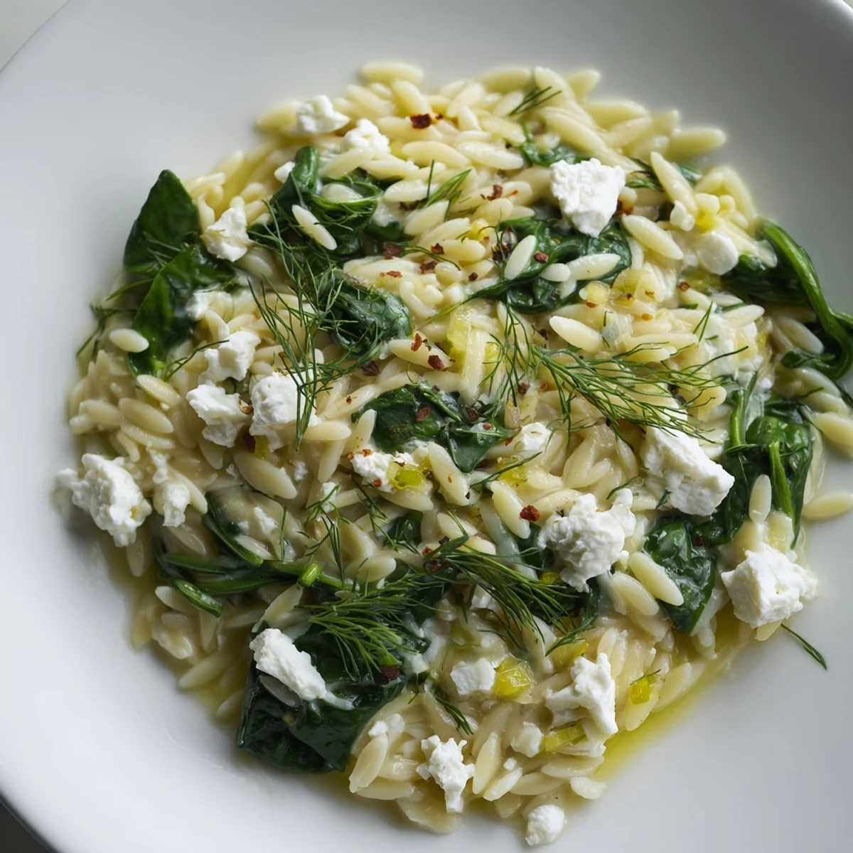 Vibrant one pan lemon orzo with spinach feta close-up showing tangy cheese and herb toppings