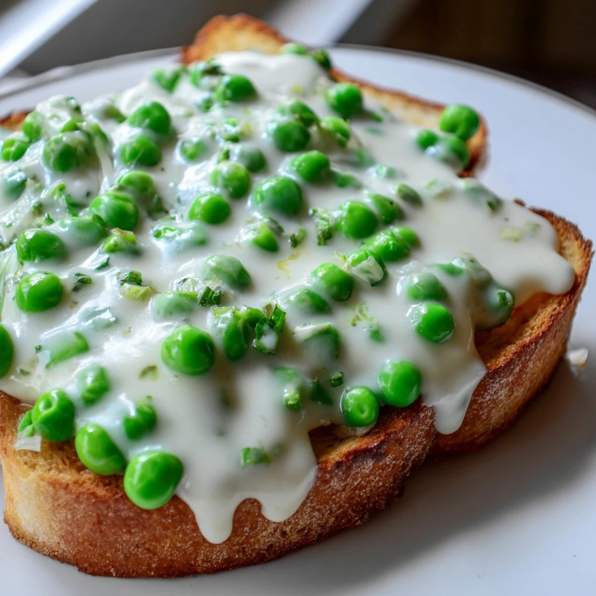 Golden creamed peas on toast featuring tender green peas in rich white sauce over buttery toasted bread
