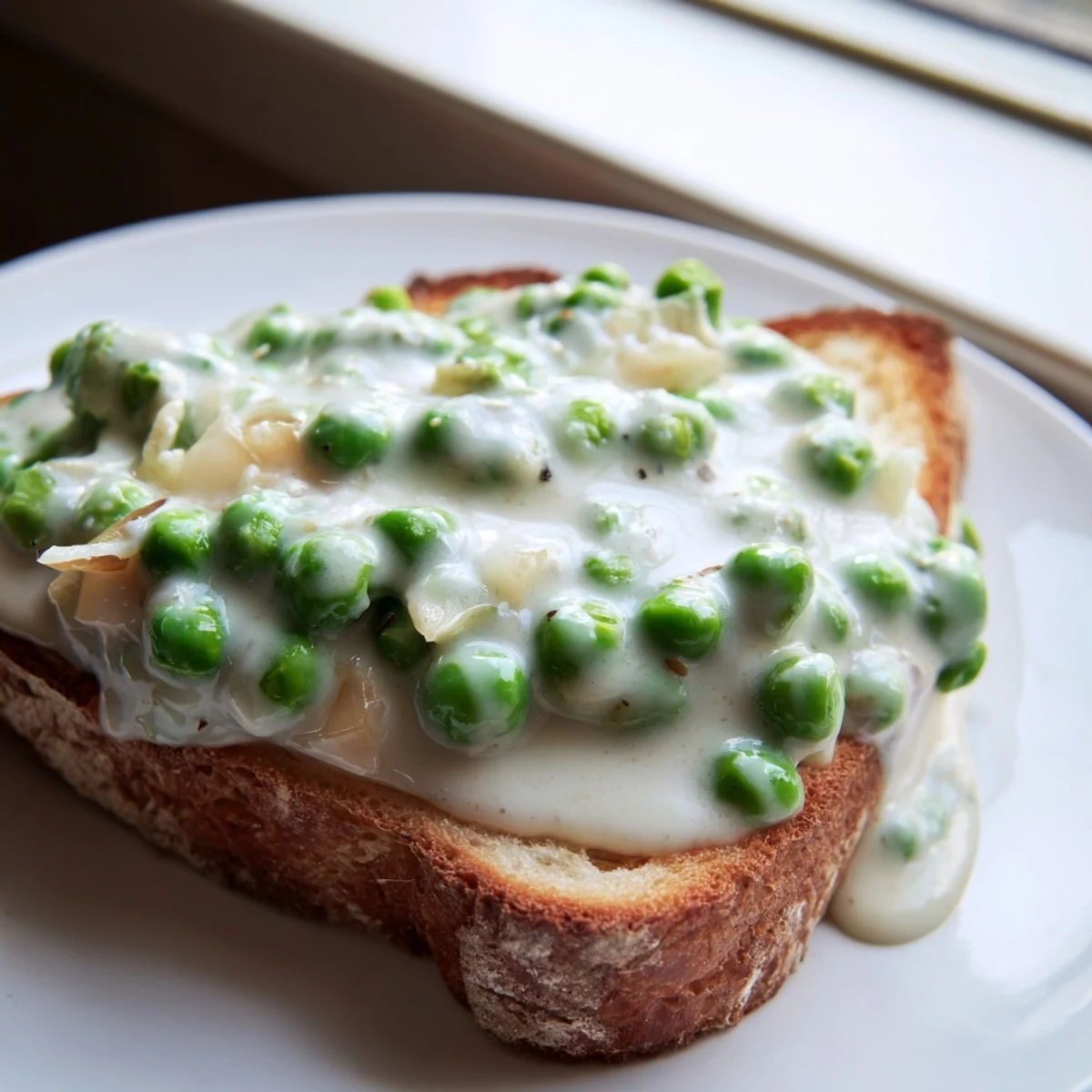 Comforting creamed peas on toast topped with creamy vegetable sauce and garnished with fresh black pepper