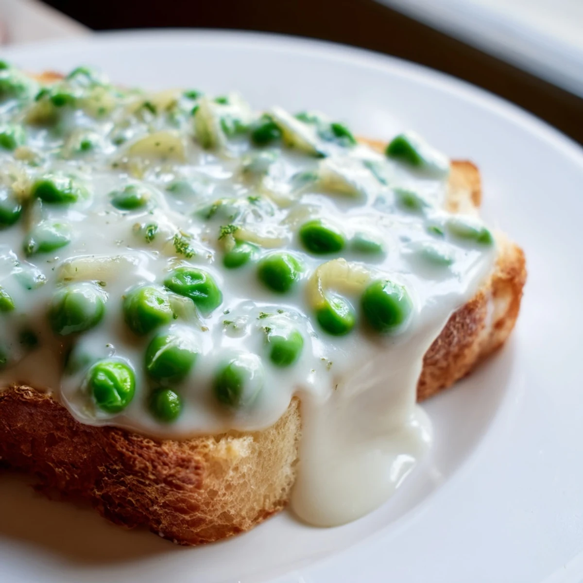 Classic creamed peas on toast served on rustic sourdough with vibrant green peas in silky white sauce
