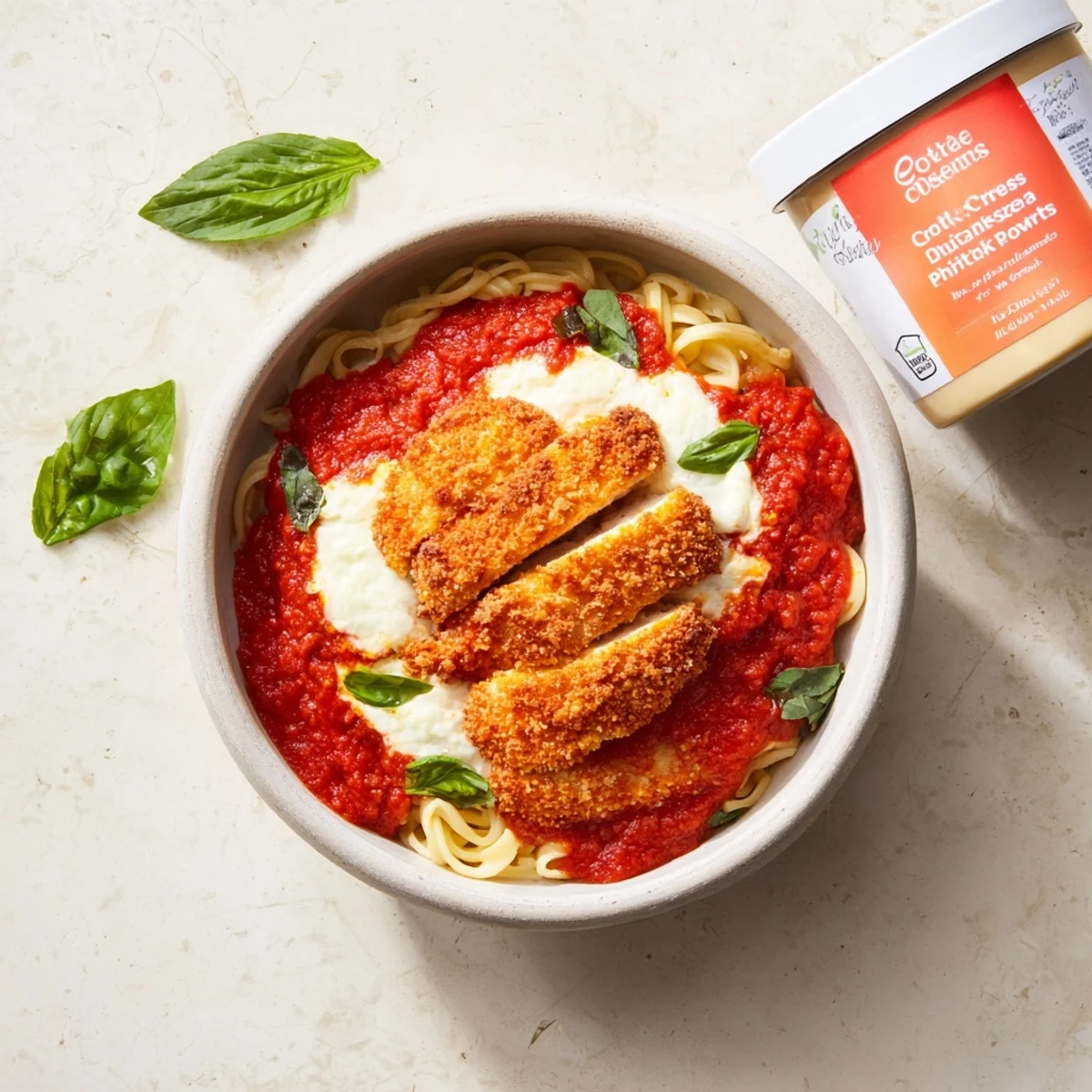 Crispy breaded chicken breast slices nestled in cottage cheese base topped with warm marinara sauce and bubbling shredded cheese