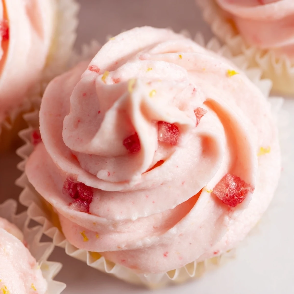 Light and fluffy strawberry lemonade cupcakes topped with creamy pink buttercream frosting on a white plate
