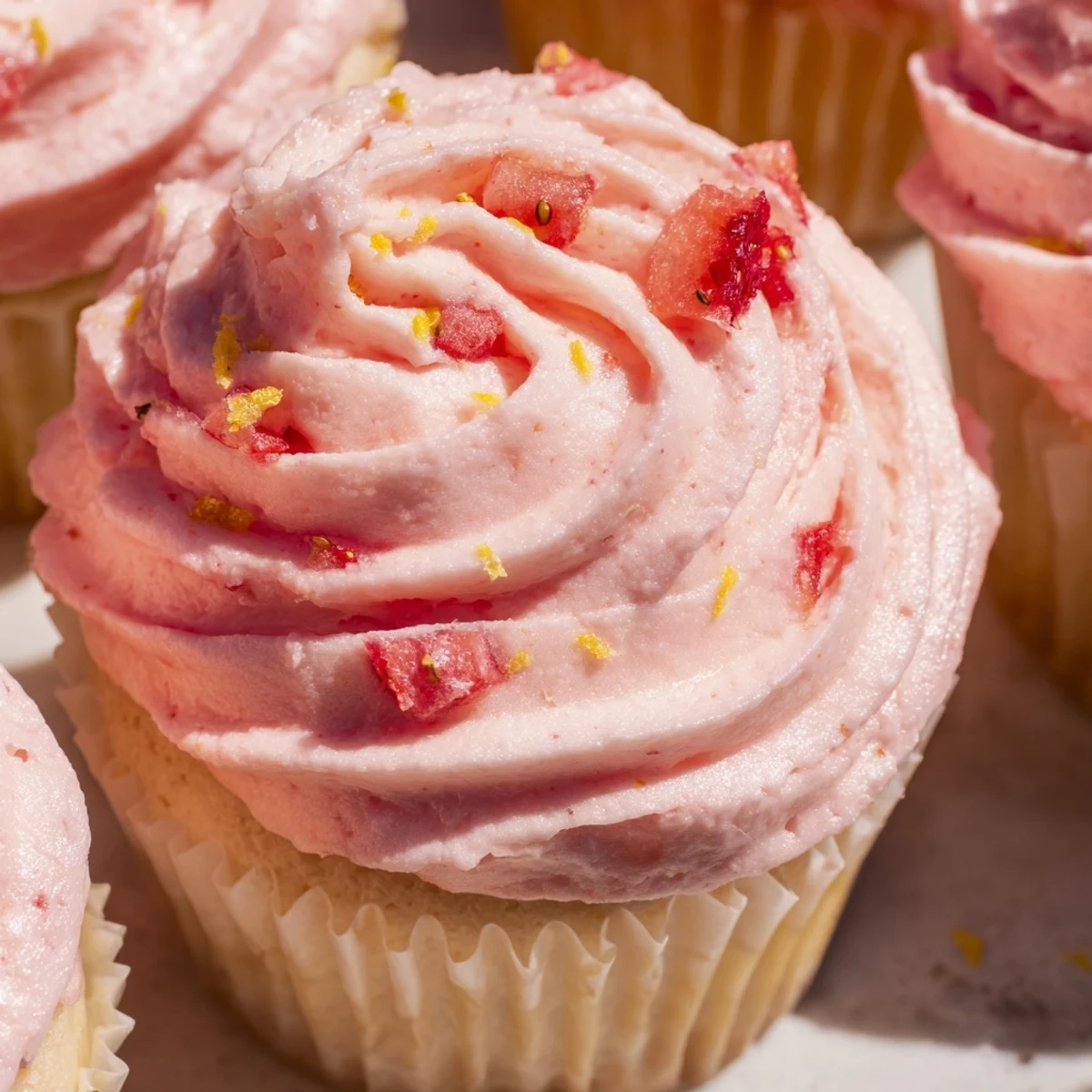 Homemade strawberry lemonade cupcakes sprinkled with lemon zest and garnished with fresh strawberry slices