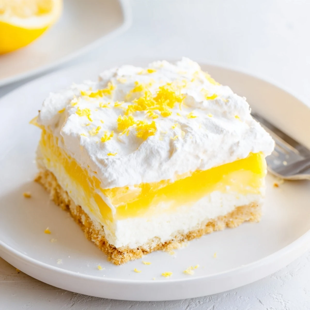 Creamy lemon lush cake square showing three distinct layers of crust, lemon cream cheese, and white whipped topping