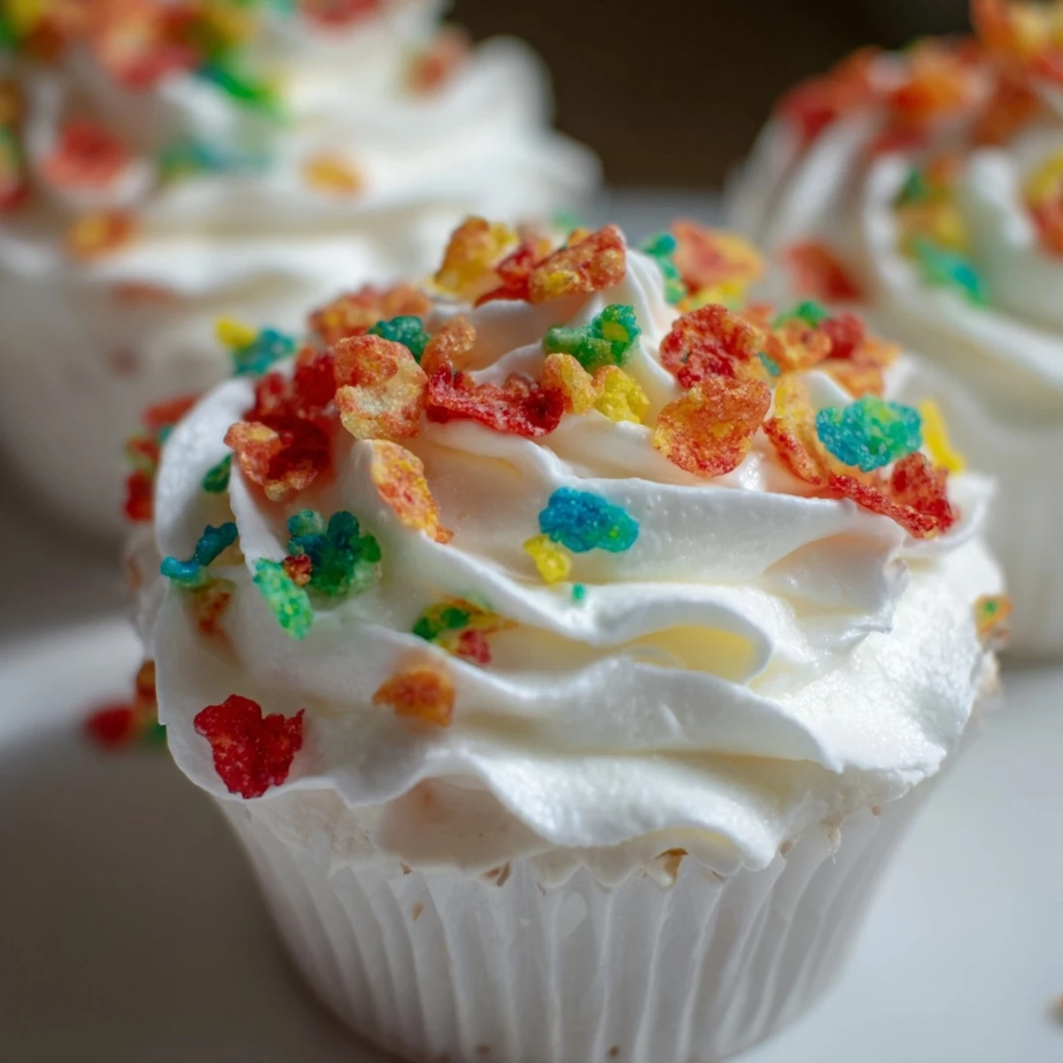 Vibrant Fruity Pebbles cereal frosting piped onto cupcakes with colorful rainbow sprinkles on top