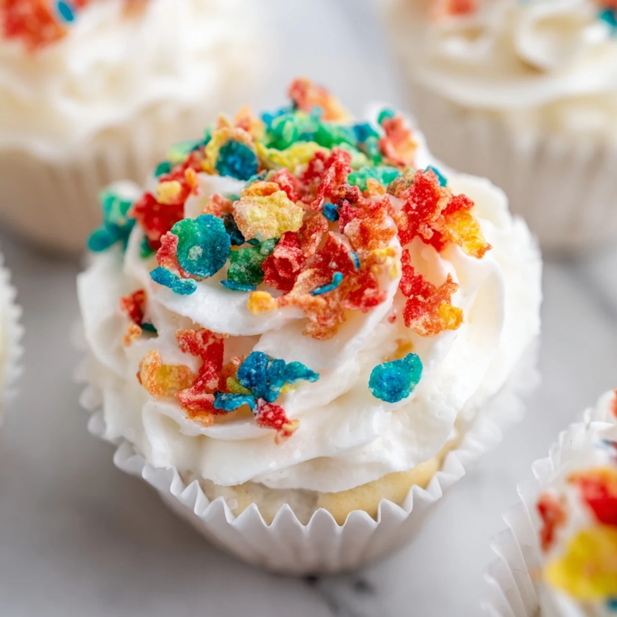 Fluffy white buttercream frosting studded with crunchy multicolored Fruity Pebbles cereal on a textured spatula