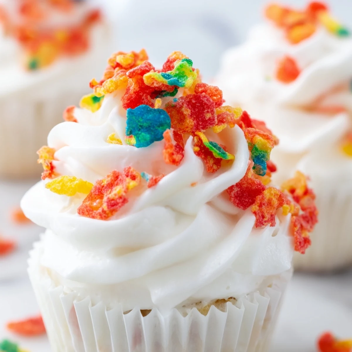 Close-up of Fruity Pebbles frosting spread thickly on a chocolate cupcake with extra cereal garnish