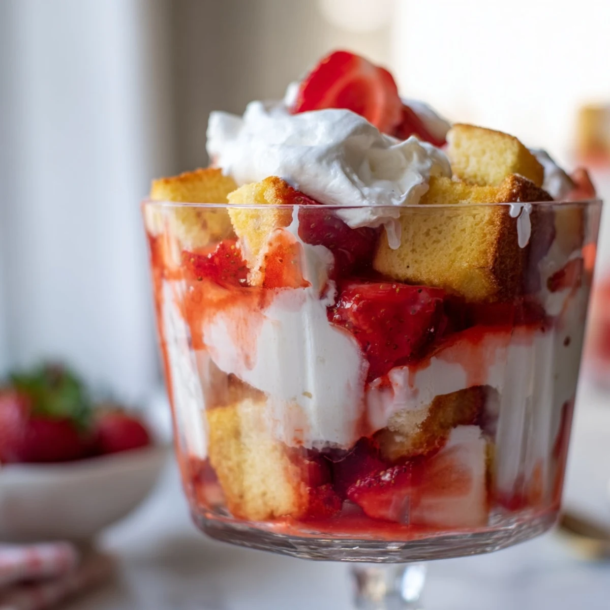 Individual strawberry shortcake trifles featuring tender cake cubes sweet macerated strawberries and billowy vanilla cream