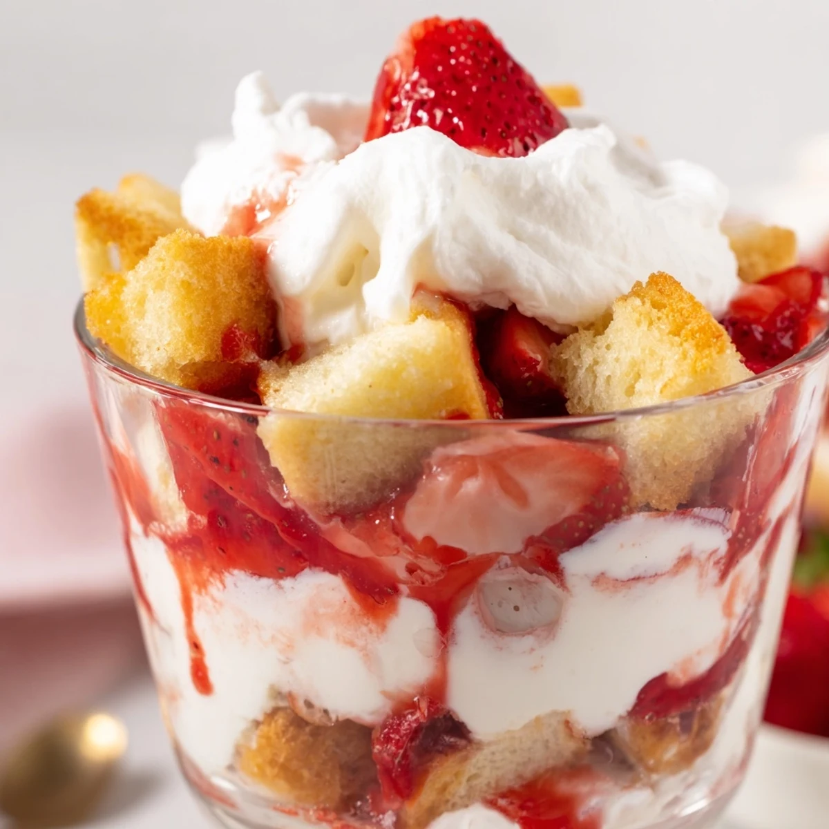 Golden strawberry shortcake trifles layered with fresh juicy berries and fluffy whipped cream in clear glasses