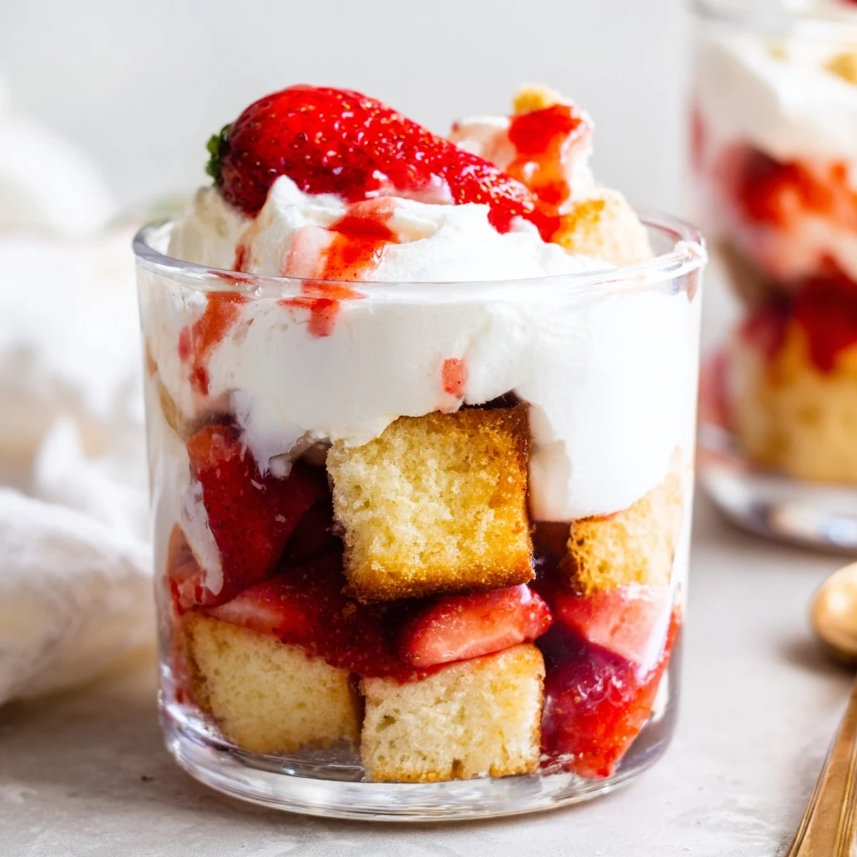 Layered strawberry shortcake trifles with buttery shortcake pieces ripe red strawberries and white whipped cream topping