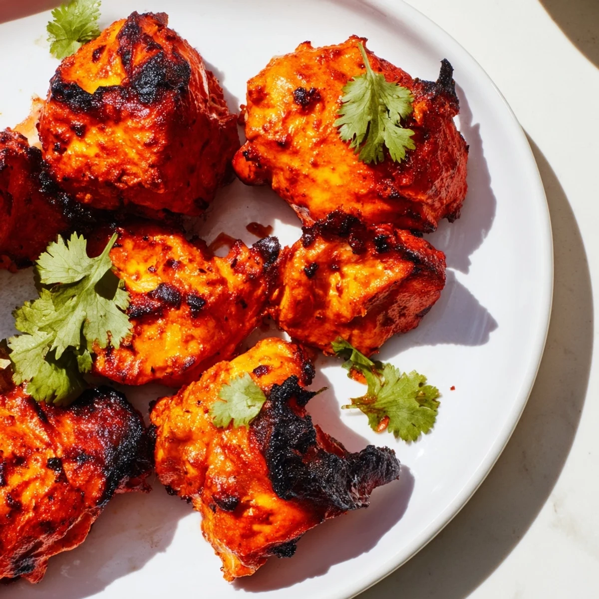 Tandoori chicken yogurt spice dish featuring charred reddish-brown pieces garnished with fresh cilantro leaves and lemon wedges on a white platter
