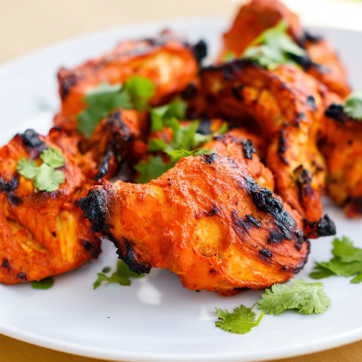 Succulent spiced tandoori chicken yogurt spice roast arranged on a rack with vibrant green cilantro and bright citrus garnish