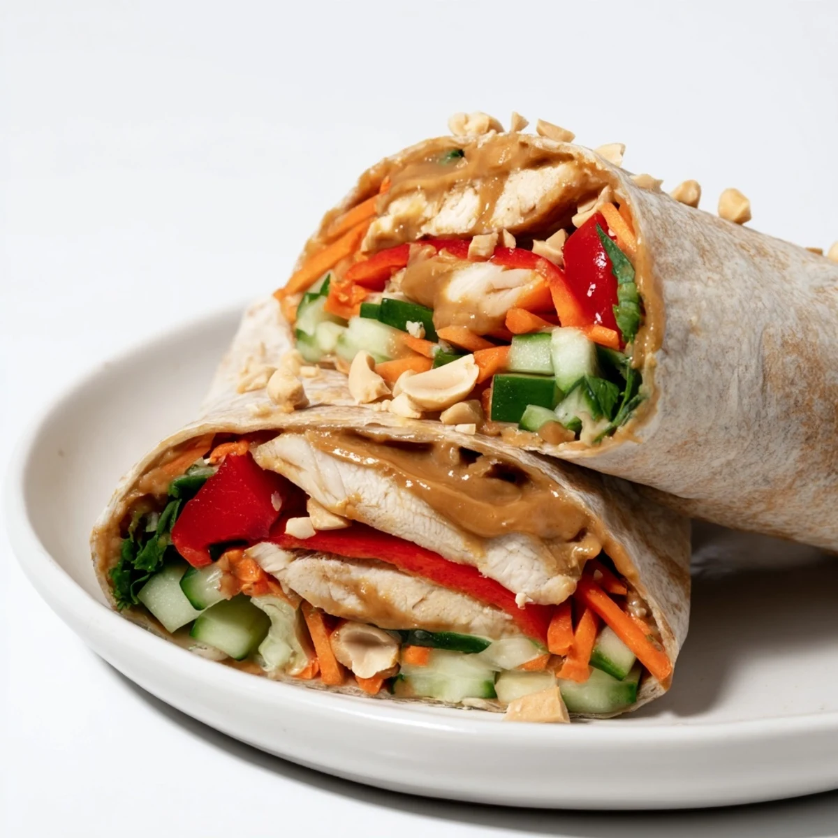 Golden sliced chicken layered with crisp vegetables inside Thai peanut chicken wraps wrapped in flour tortilla