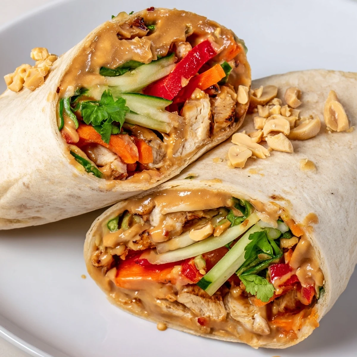 Close-up of Thai peanut chicken wraps featuring tender meat with shredded carrots, cucumber, and creamy peanut drizzle
