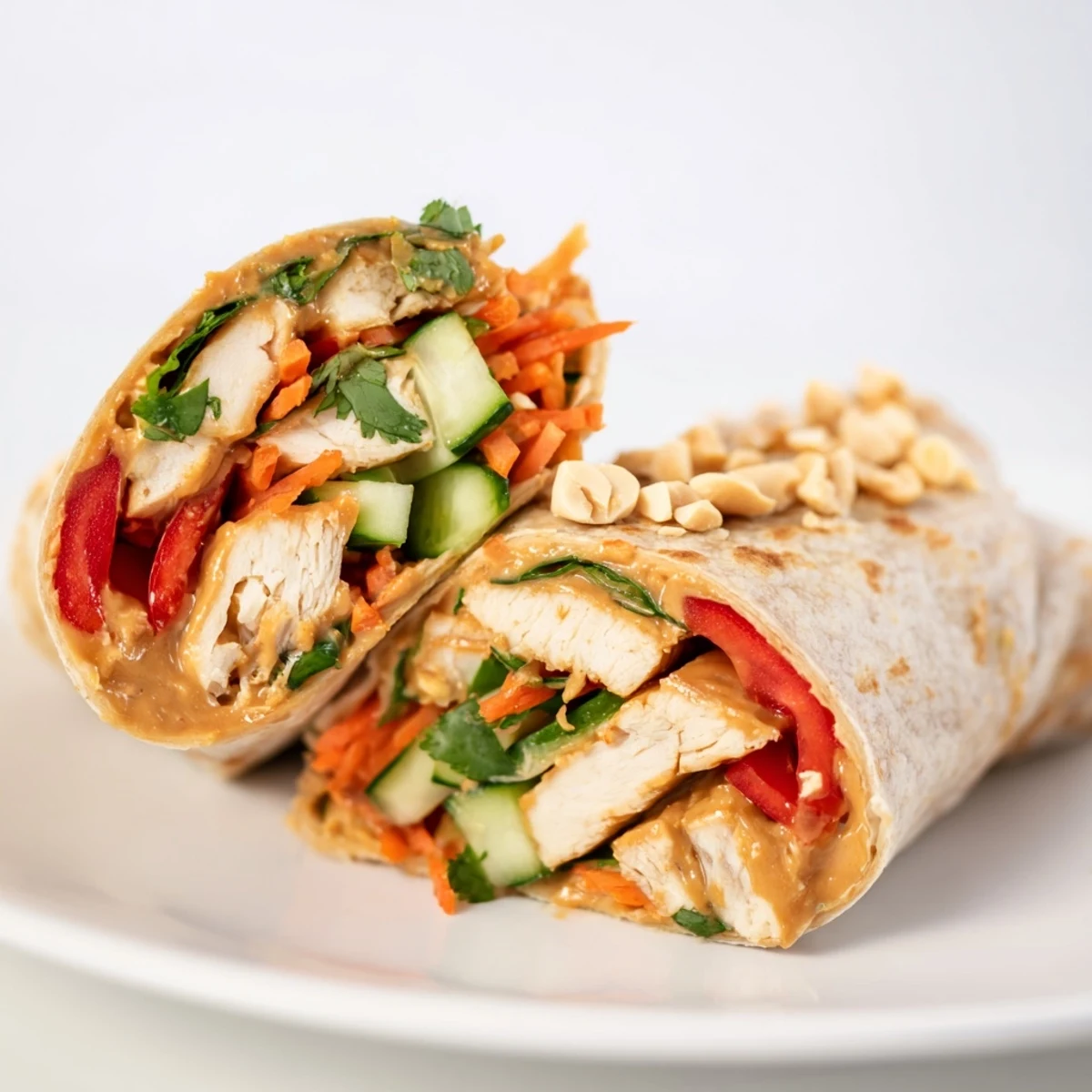Halved Thai peanut chicken wraps on plate showcasing vibrant fillings of red pepper, cilantro, and peanut sauce