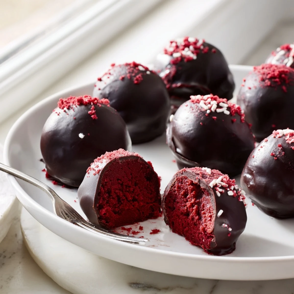 Bite-sized red velvet cheesecake balls dipped in smooth dark chocolate coating topped with sprinkles