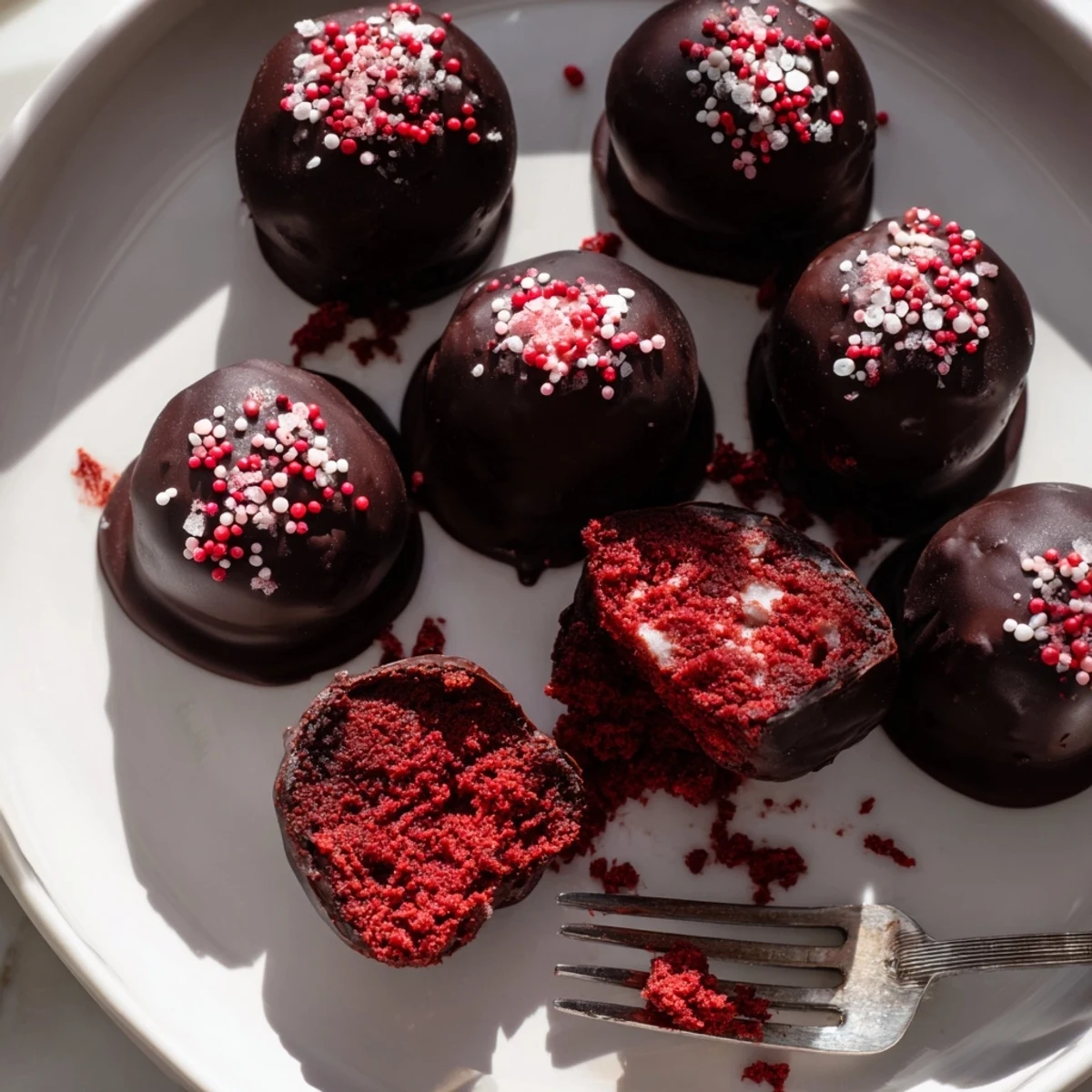 Creamy red velvet cheesecake balls on white plate with rich chocolate shell and festive red sprinkles