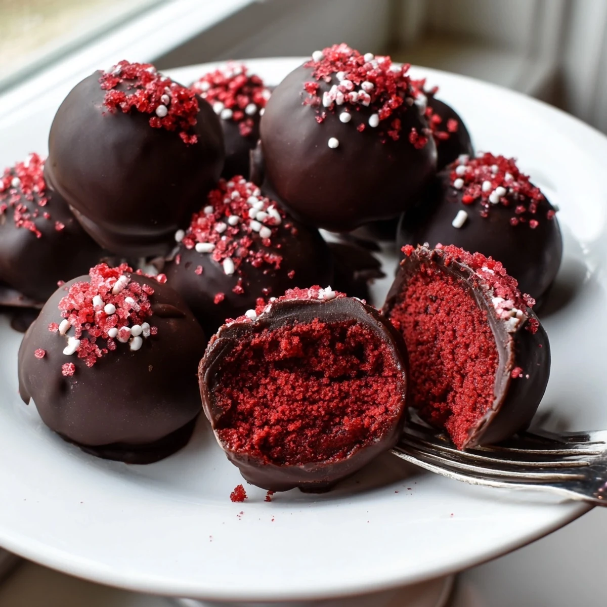 Homemade red velvet cheesecake truffles with glossy chocolate coating and colorful sprinkle garnish for parties