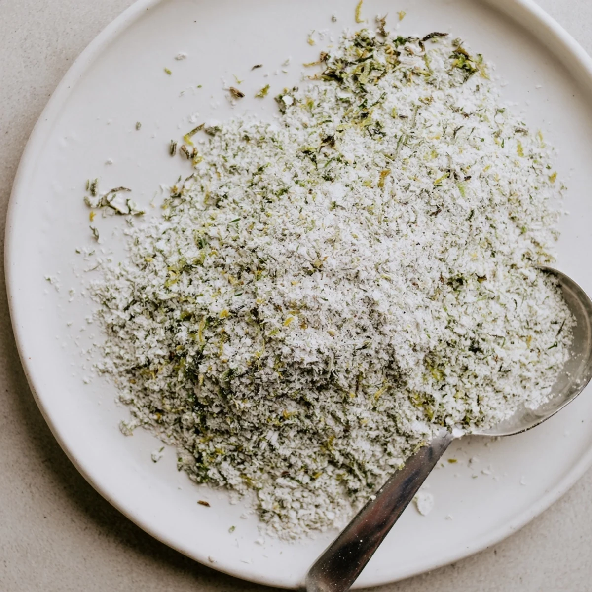 Close-up of dehydrated tzatziki seasoning mix sprinkled over grilled chicken with fresh herbs