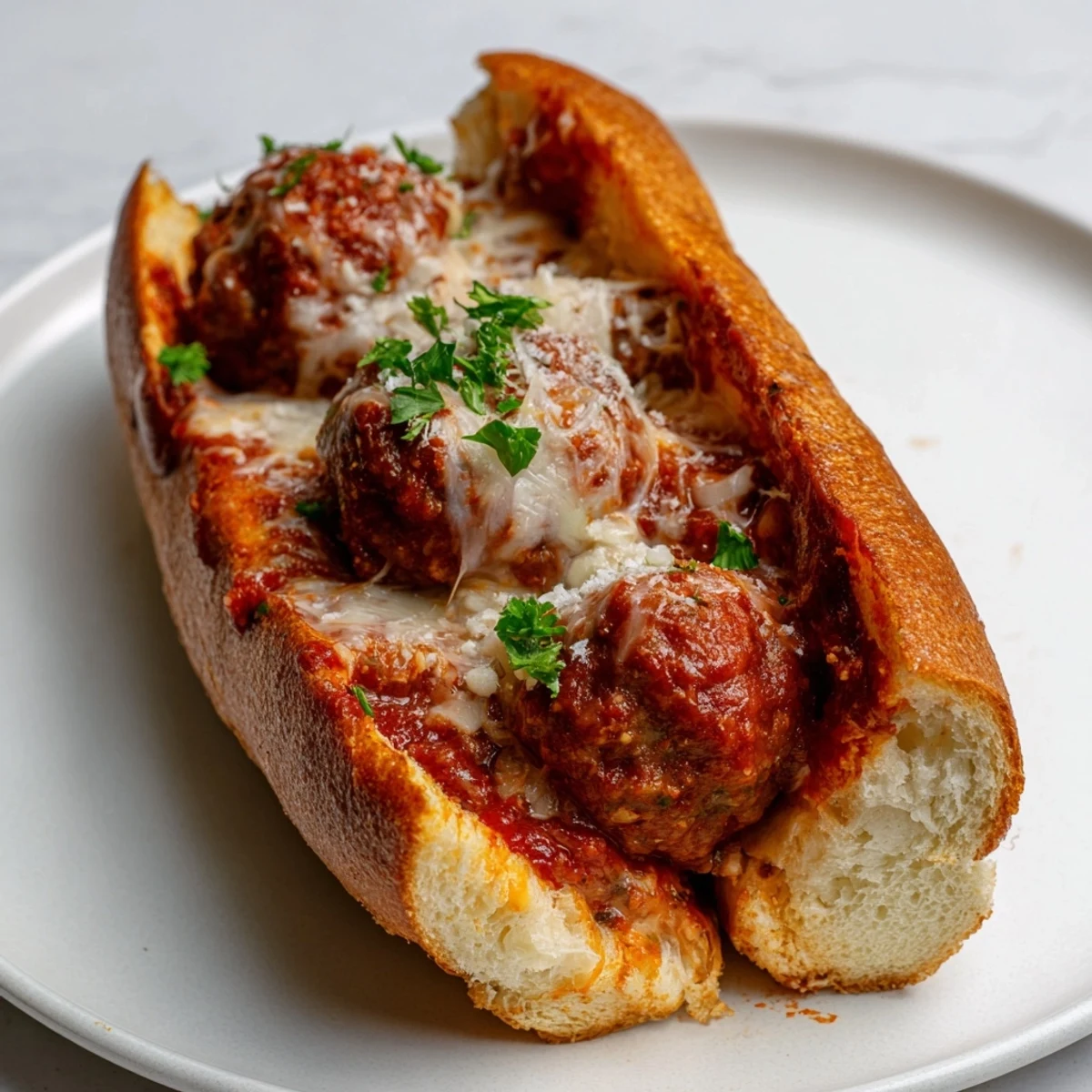 Golden toasted cheesy meatball subs loaded with tender beef meatballs and rich marinara sauce