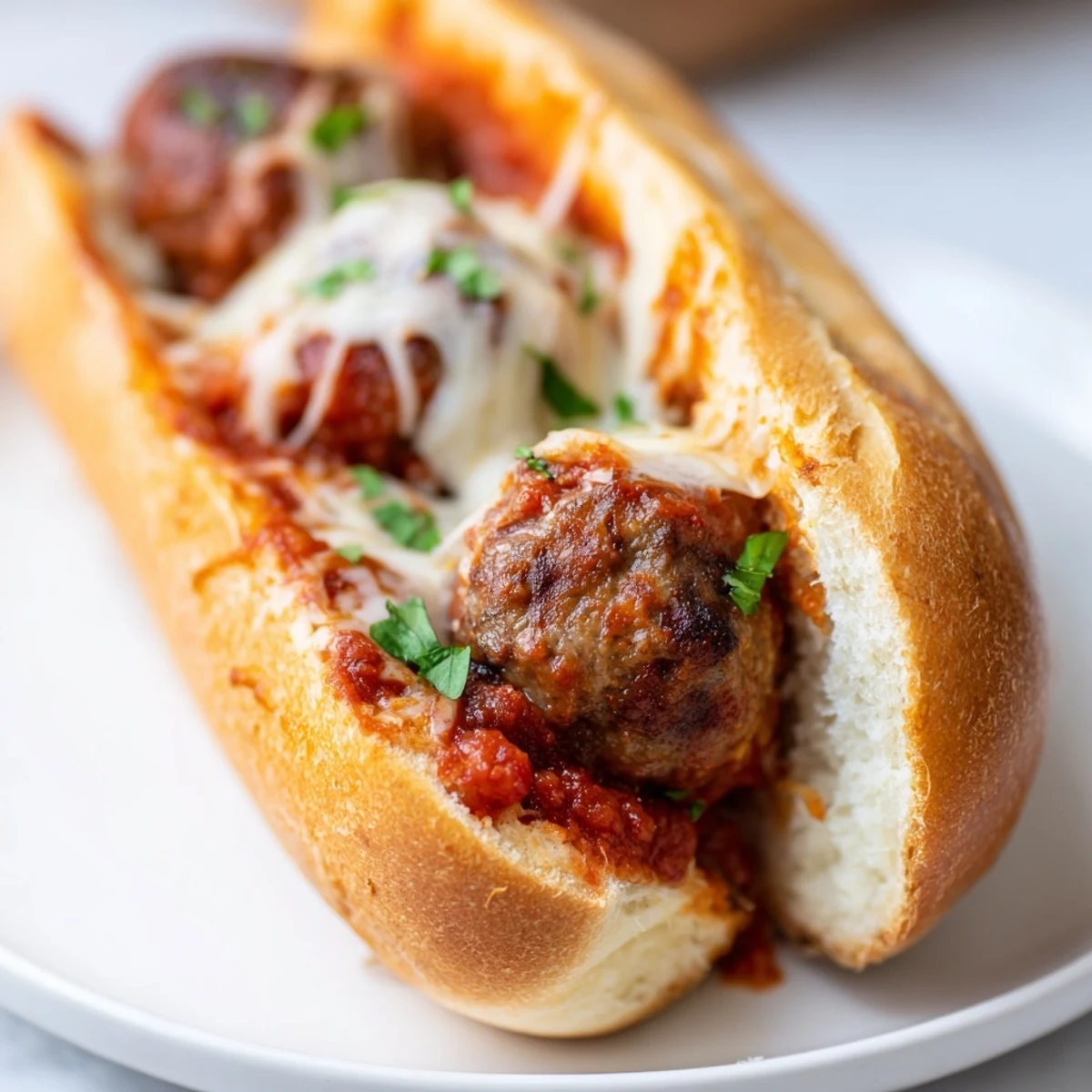 Melty mozzarella cheese smothered meatball sub sandwich served on warm garlic butter toasted rolls