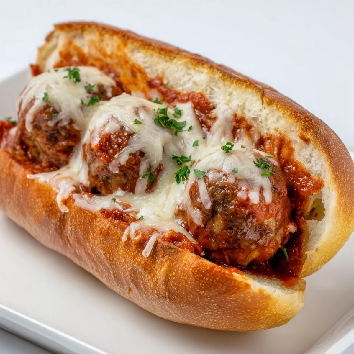 Hearty meatball sub sandwich with three beef meatballs in red sauce under melted mozzarella cheese