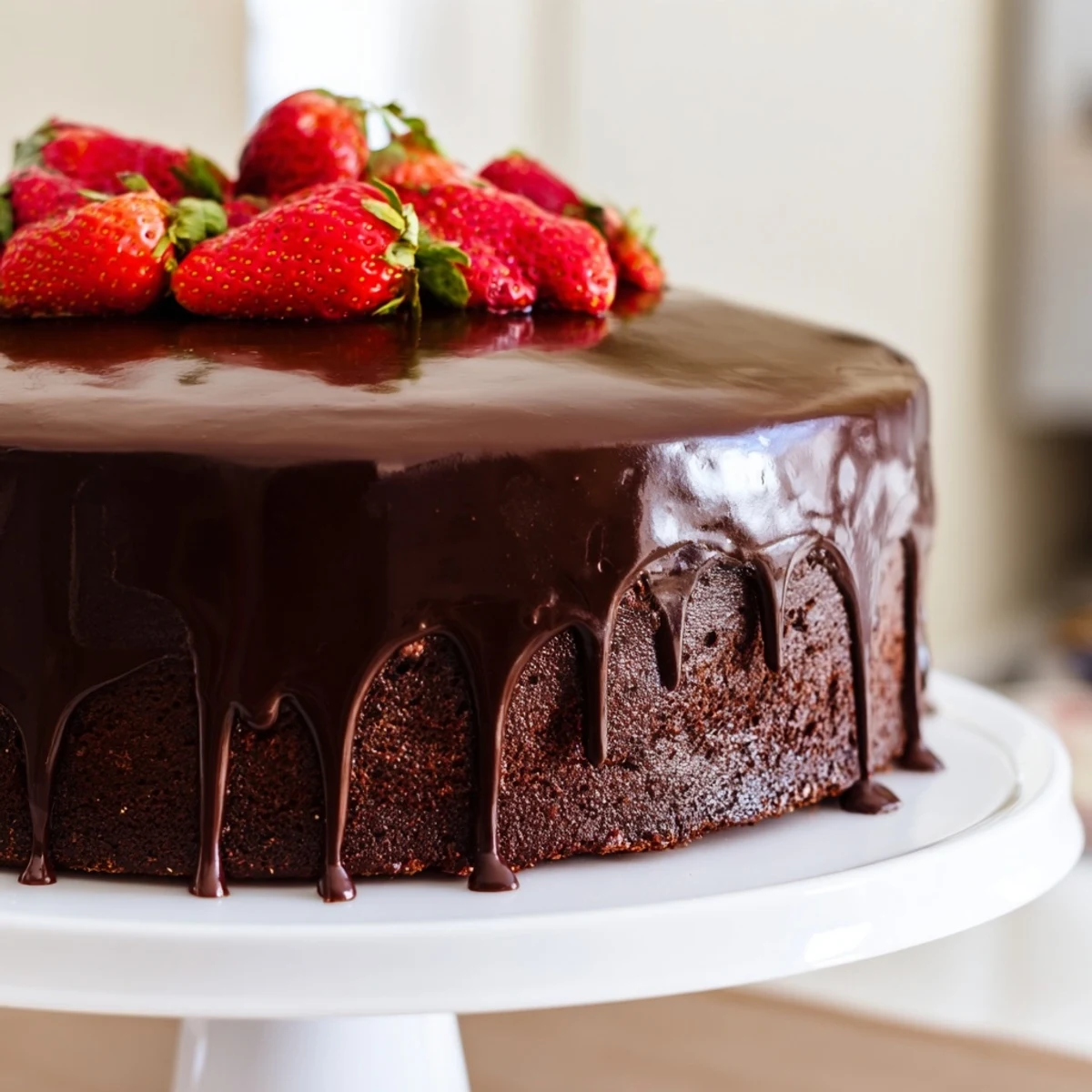 Decadent strawberry chocolate cake showcasing fresh berries between rich ganache-covered layers