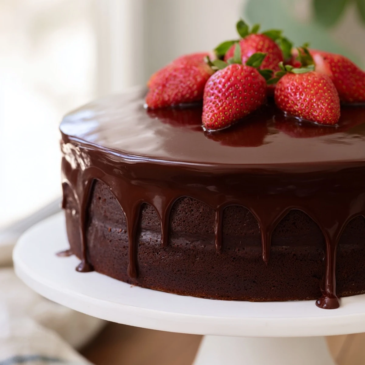 Sliced strawberries atop a moist strawberry chocolate cake drizzled with dark chocolate ganache
