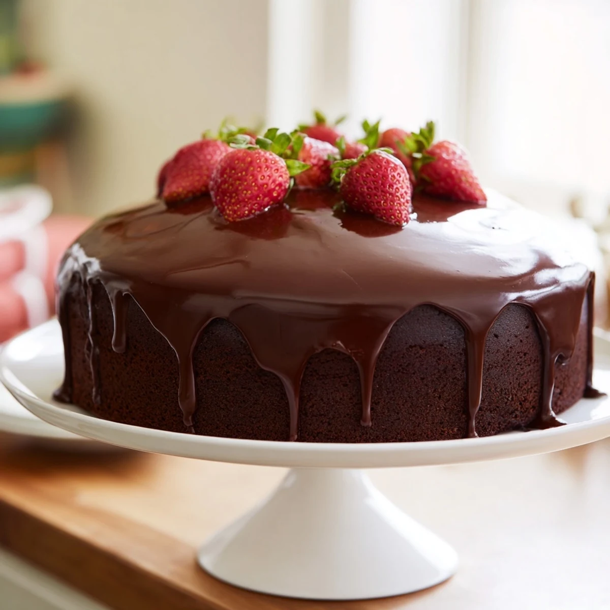 Two-tier strawberry chocolate cake with vibrant fruit filling and glossy chocolate coating