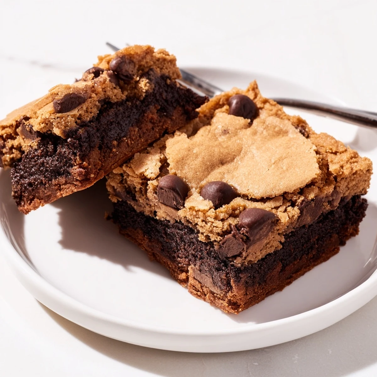 Fudgy chewy brookies stacked on a white plate with melted chocolate chips visible
