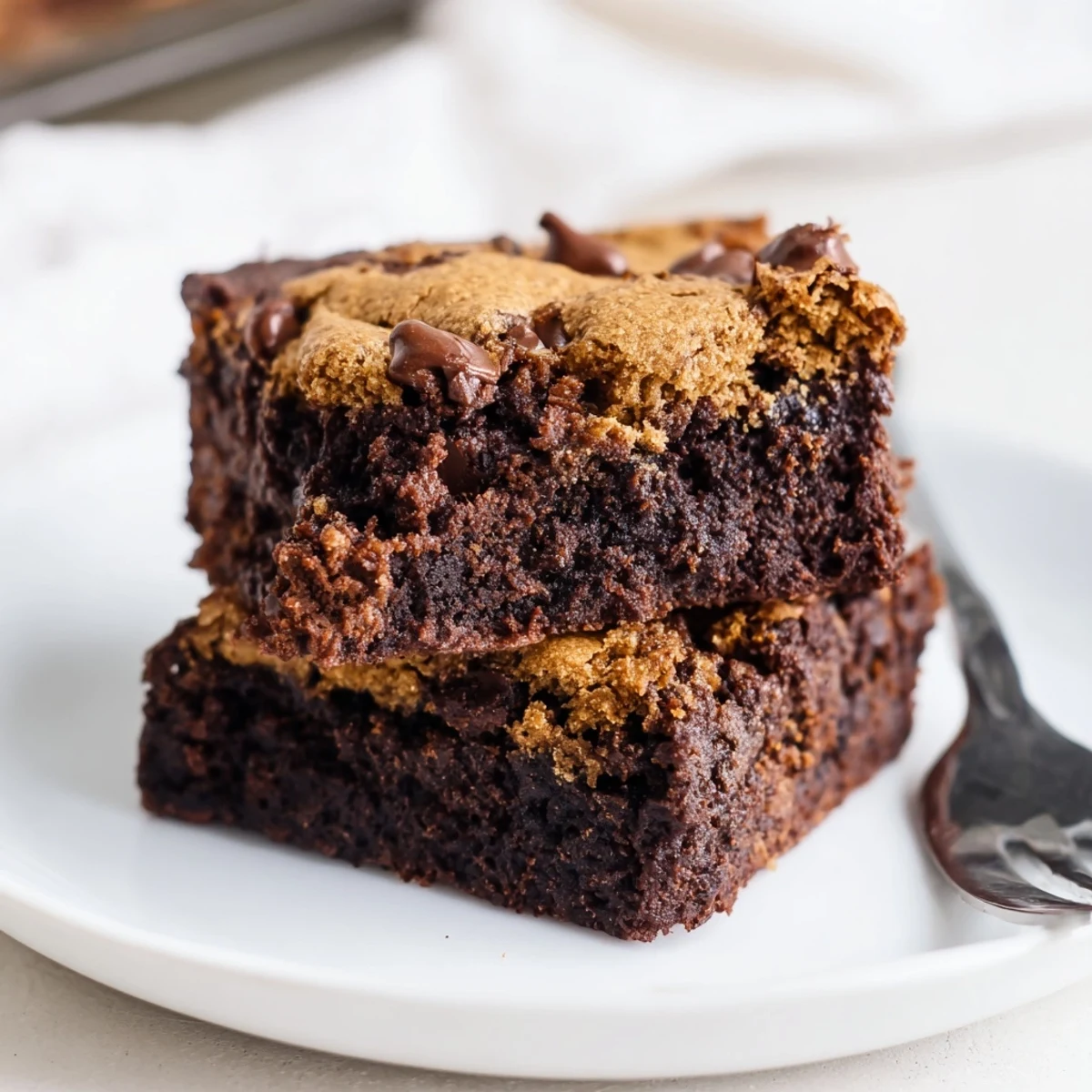 Square pan of freshly baked fudgy chewy brookies with golden edges and crackled tops