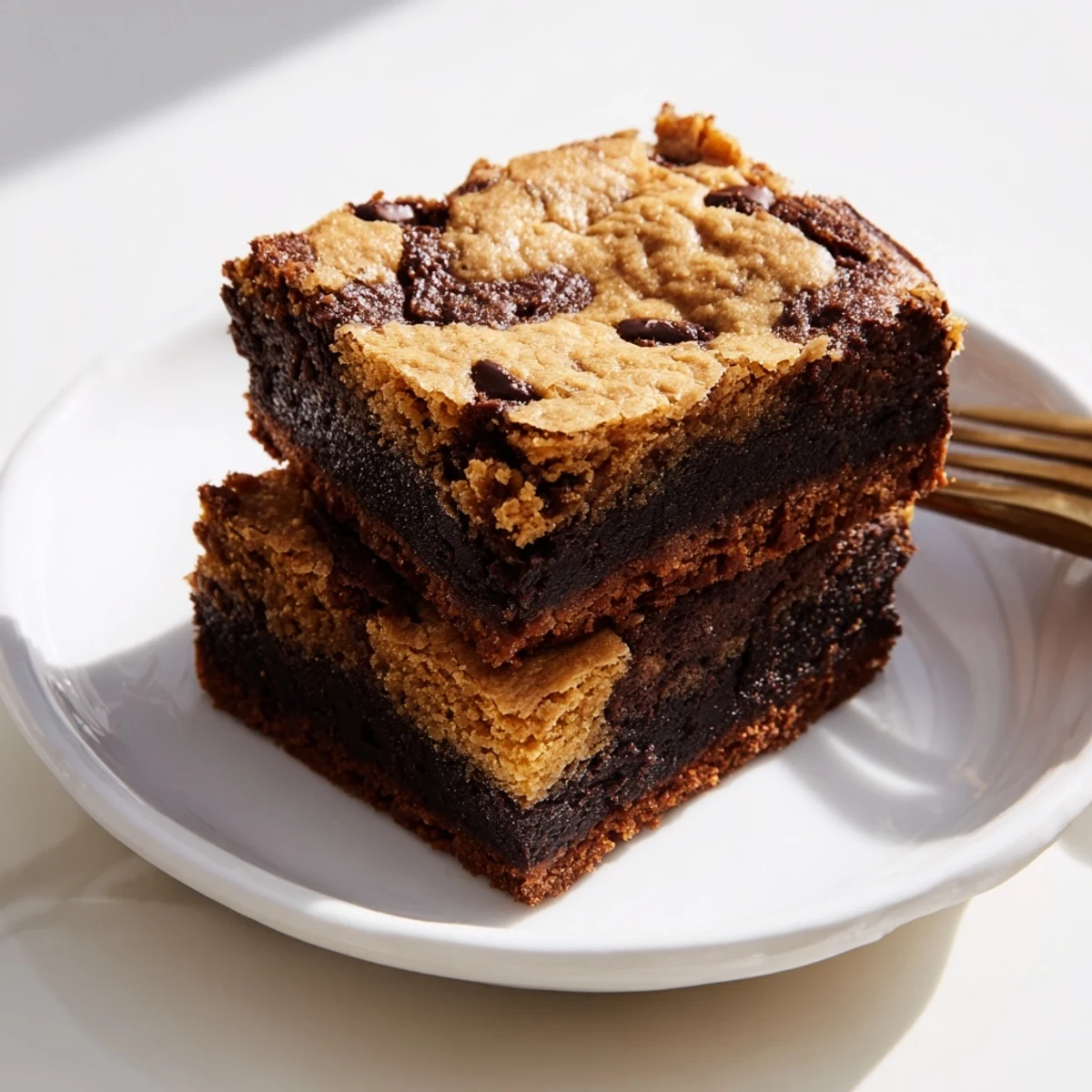 Close-up of fudgy chewy brookies showing layers of brownie and cookie dough with chocolate