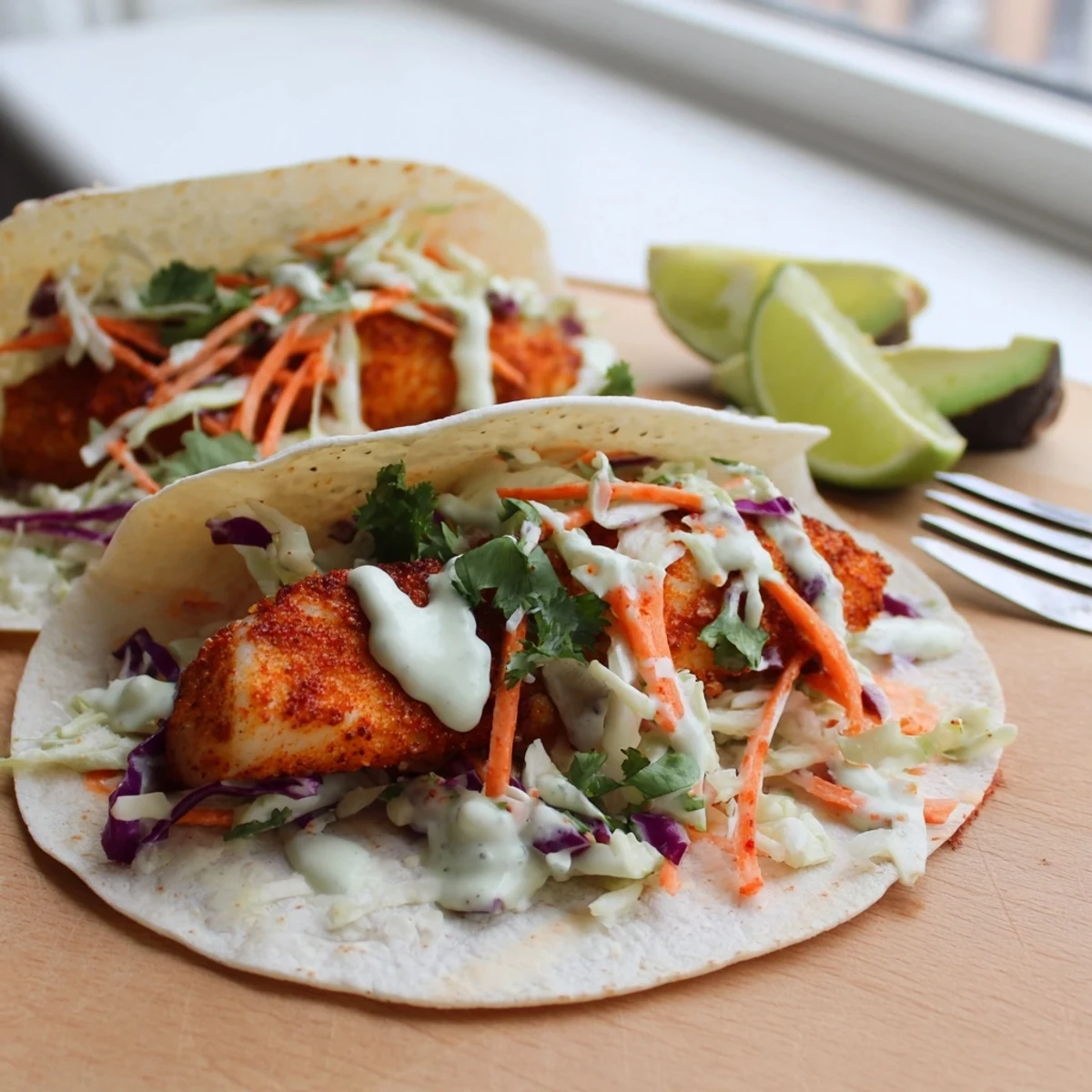 Golden baked cod fish tacos topped with crunchy cabbage slaw and creamy lime crema