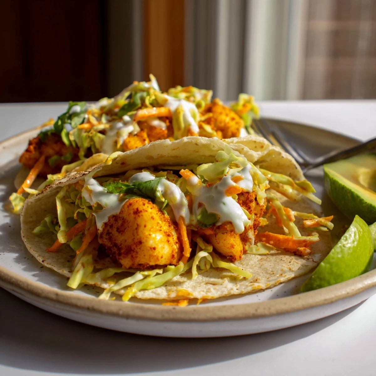Fresh baked cod fish tacos assembled with colorful slaw and tangy crema sauce