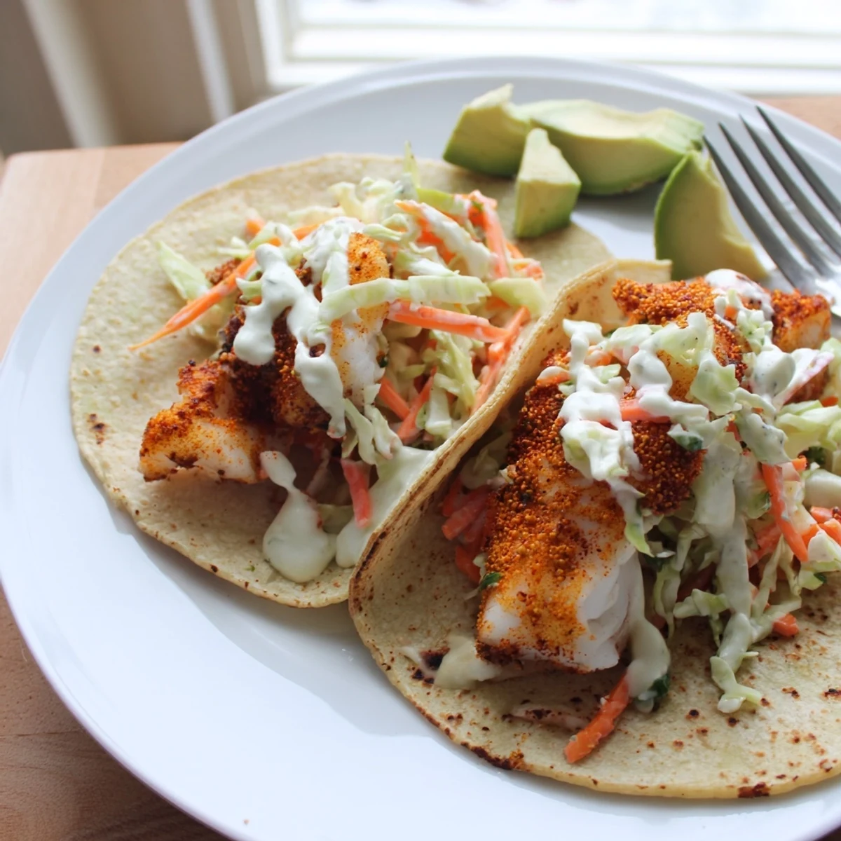Warm corn tortillas filled with flaky seasoned cod and zesty lime crema drizzle