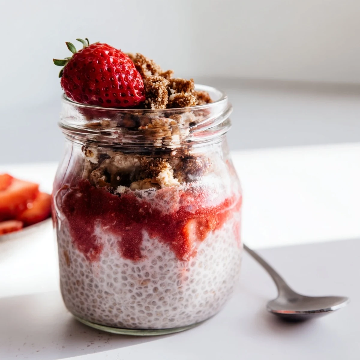 Layered glass jar showcasing creamy chia pudding topped with sweet strawberry compote and crunchy oat crumble
