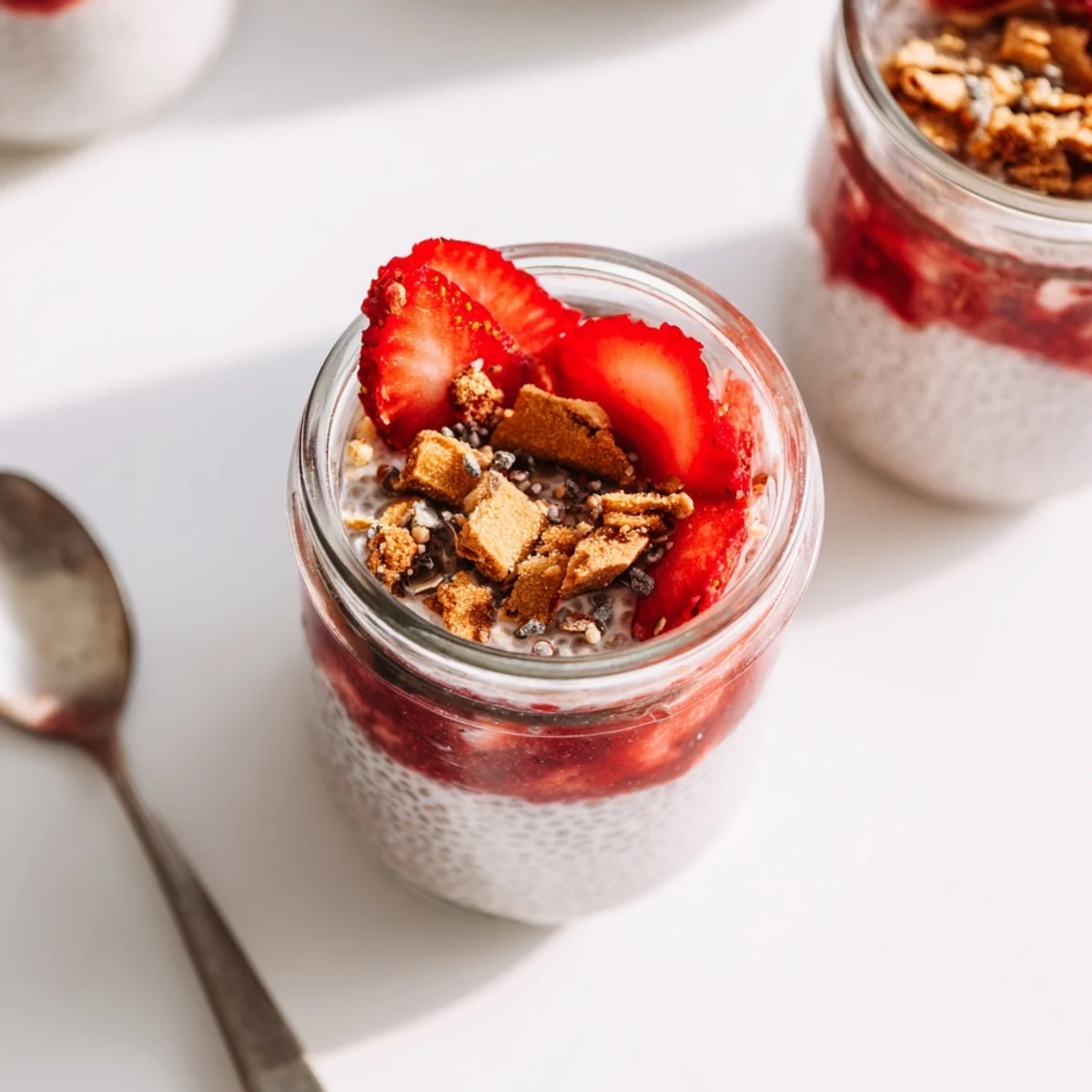 Beautiful breakfast parfait with alternating layers of vanilla chia pudding and vibrant red strawberry compote garnished
