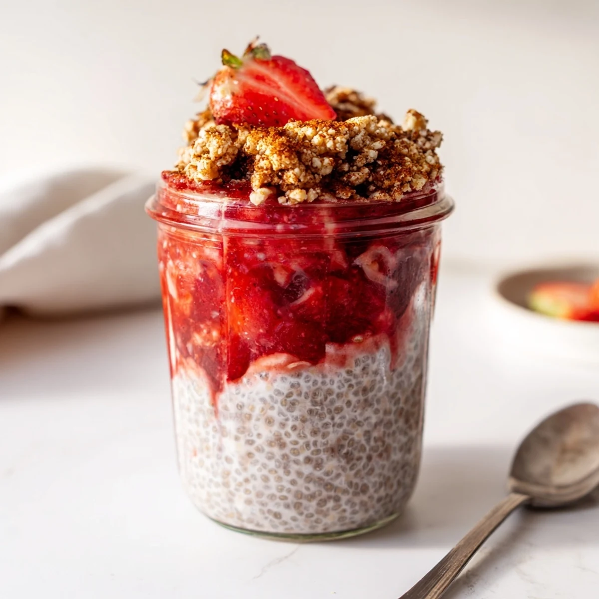 Close-up of strawberry crumble chia pudding dessert with fresh berry slices and cinnamon oat topping