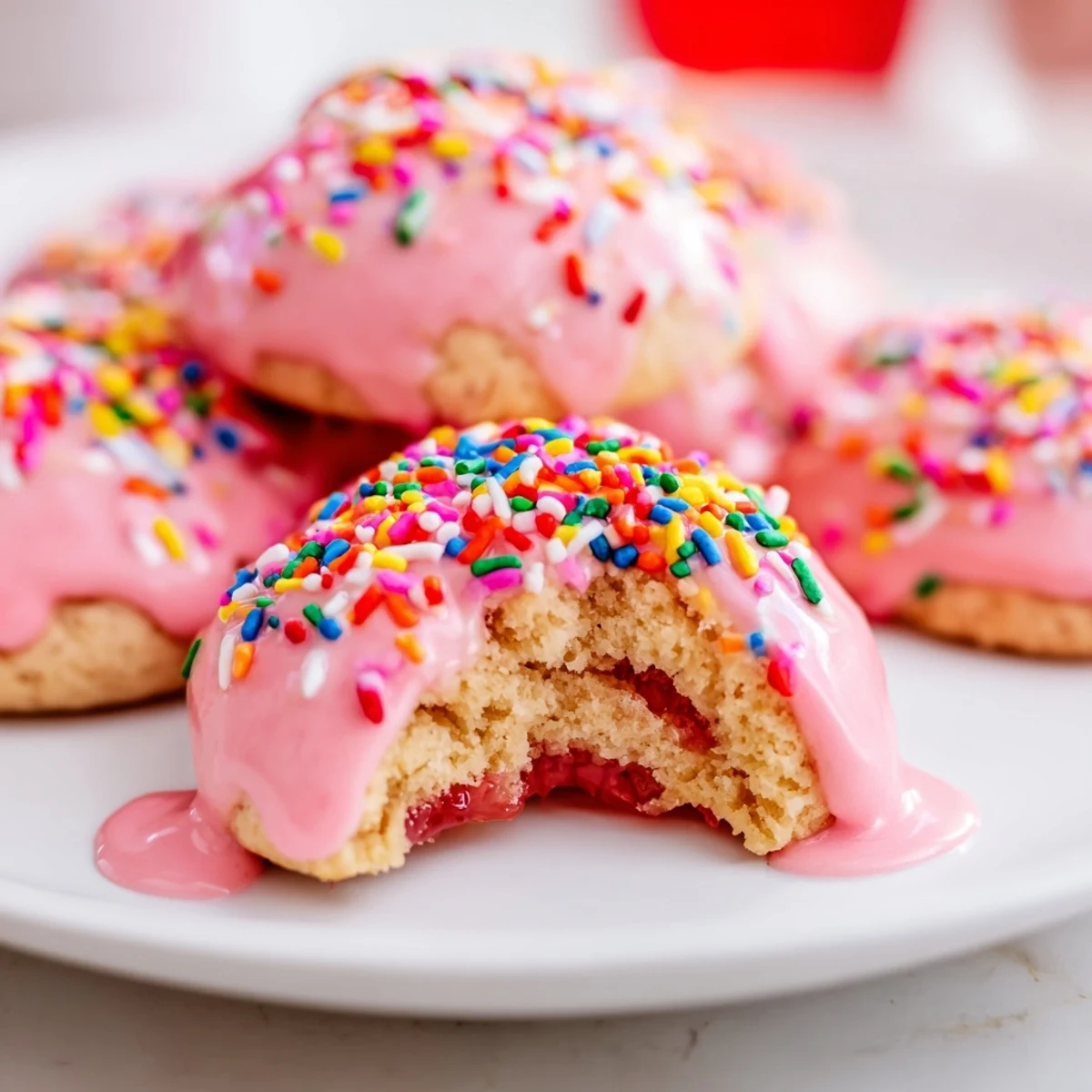 Soft homemade strawberry pop tart cookies with sweet jam center and pink glaze drizzle