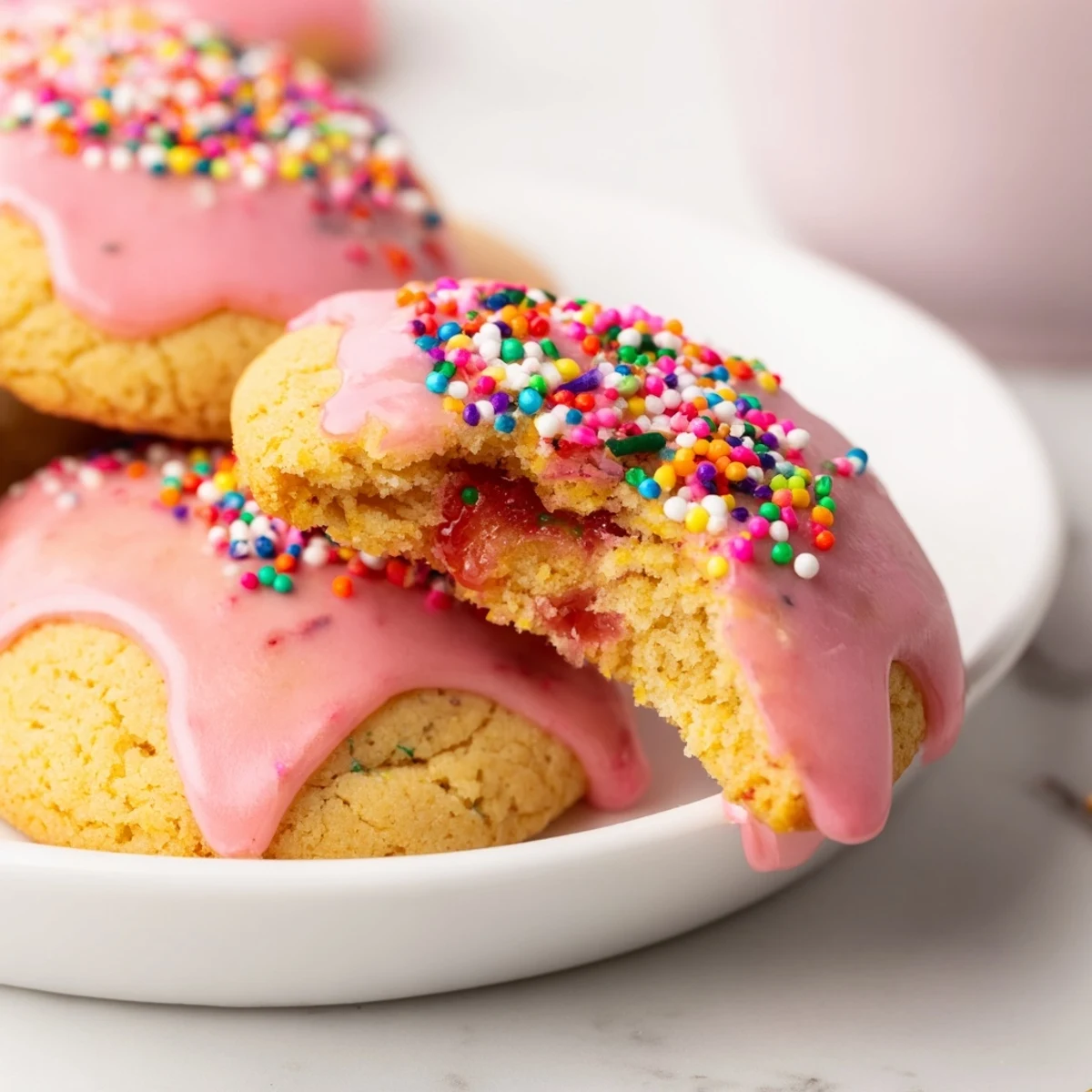 Golden baked strawberry pop tart cookies topped with colorful sprinkles on white plate